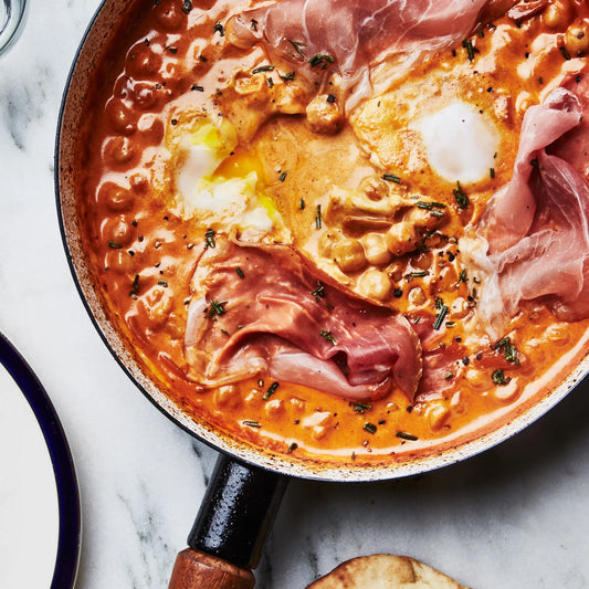 Spicy Creamy Chickpeas with Eggs & Prosciutto